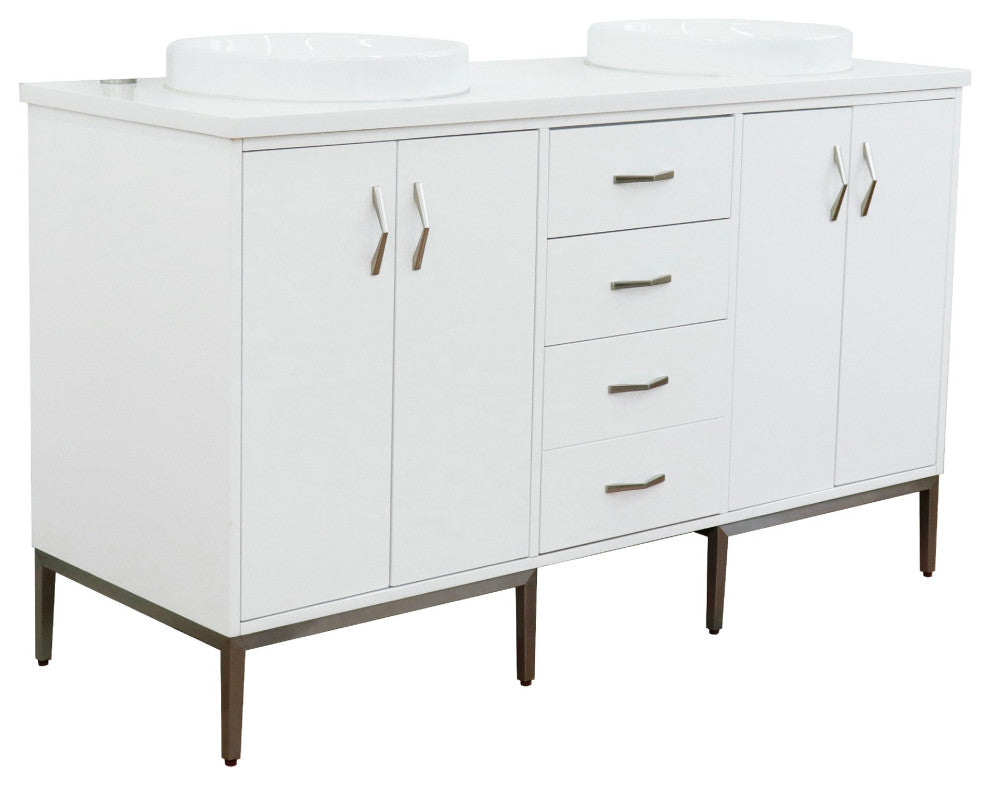 61" Double Sink Vanity, White Finish With Engineered Stone Top And Round Sink