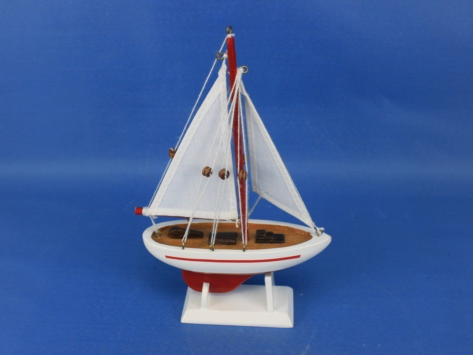 Wooden Pacific Sailer Model Sailboat Decoration, Red, 9"