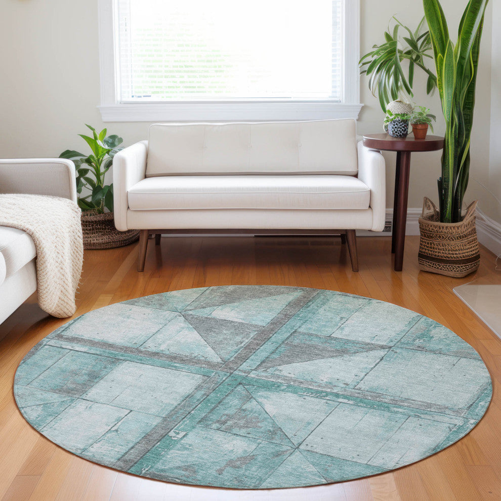 Machine Washable Indoor/Outdoor Chantille ACN1875 Teal 8' x 8' Round Rug