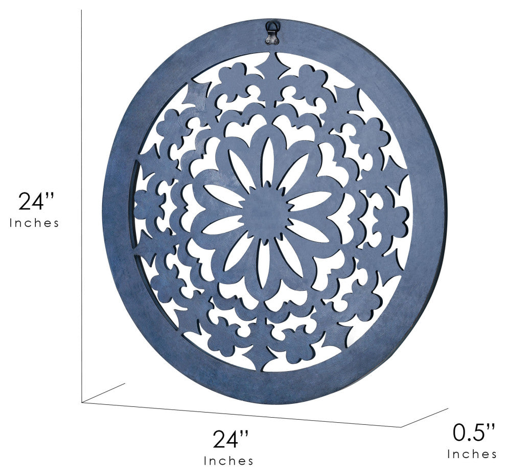 Distressed Wood Framed Round Navy Blue Floral Wall Art Medallion - 24"