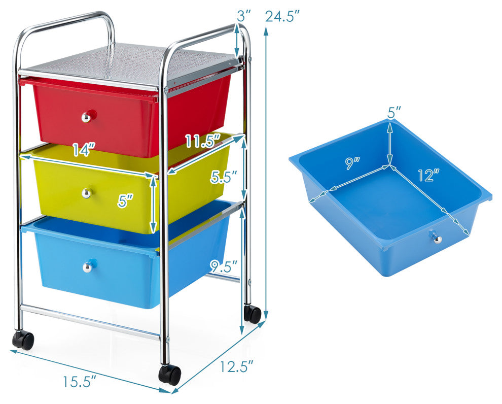 3-Drawer Cart Storage Bin Organizer Rolling w/Plastic Drawers Multicolor