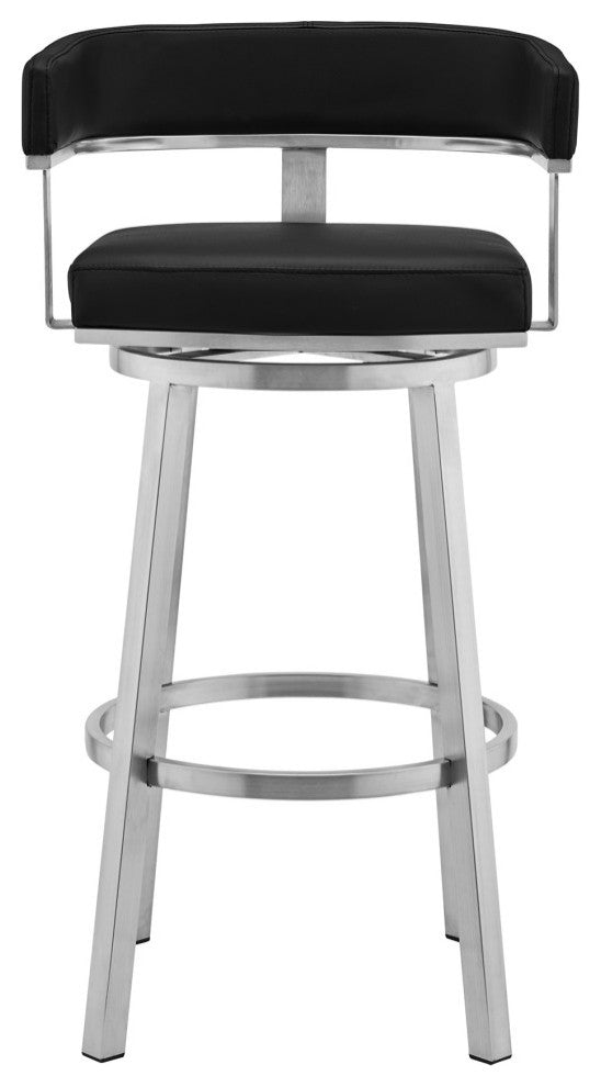 Lorin Black Faux Leather and Brushed Stainless Steel Swivel Bar Stool, 30 Inch