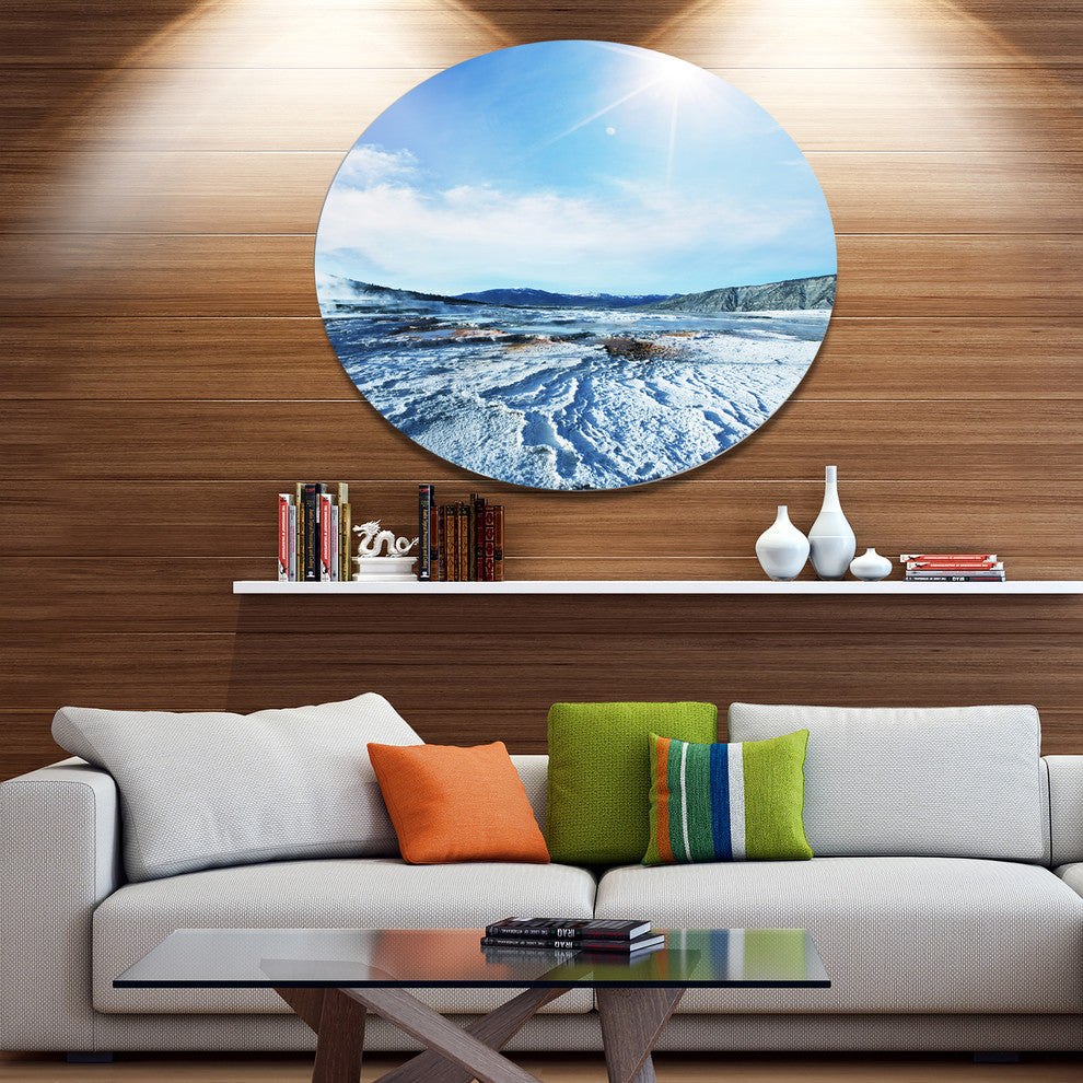 Hot Spring With Bright Sky And Sun, Landscape Disc Metal Wall Art, 36"