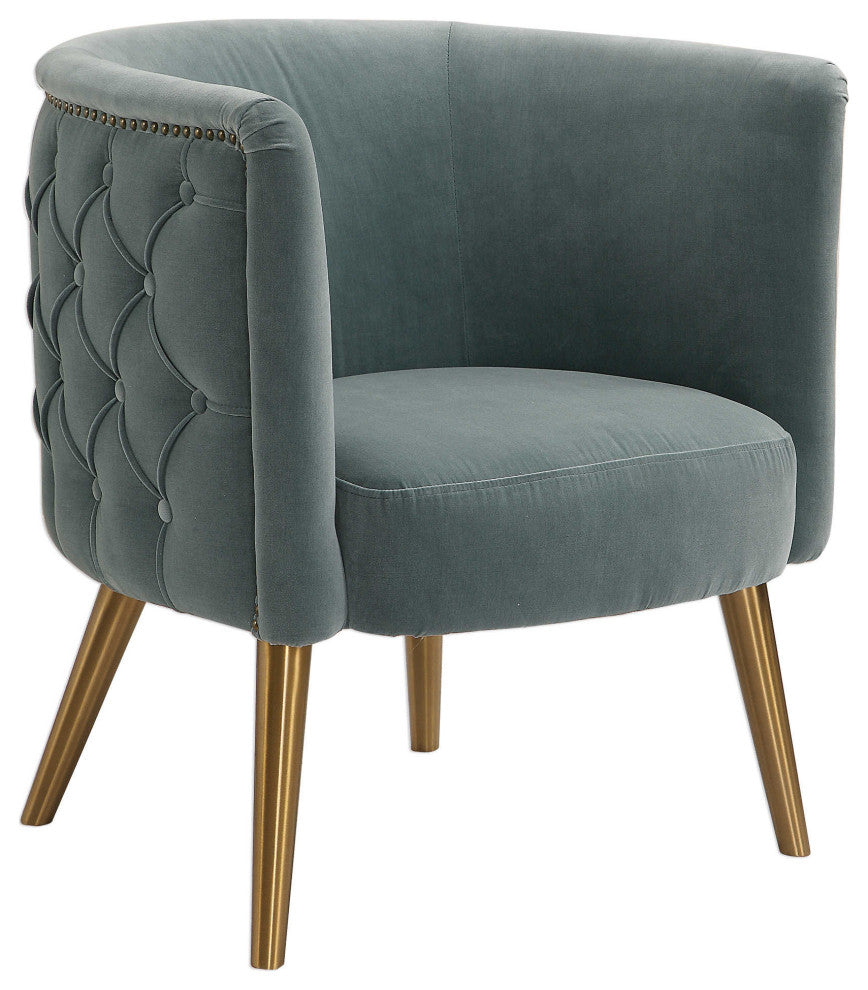 Mid Century Gray Velvet Barrel Tub Chair, Button Diamond Tufted Gold Metal Legs