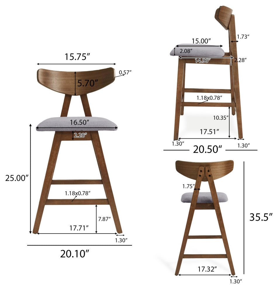 Sunapee Fabric Upholstered Wood Counter Stools, Set of 2, Dark Gray + Natural Walnut
