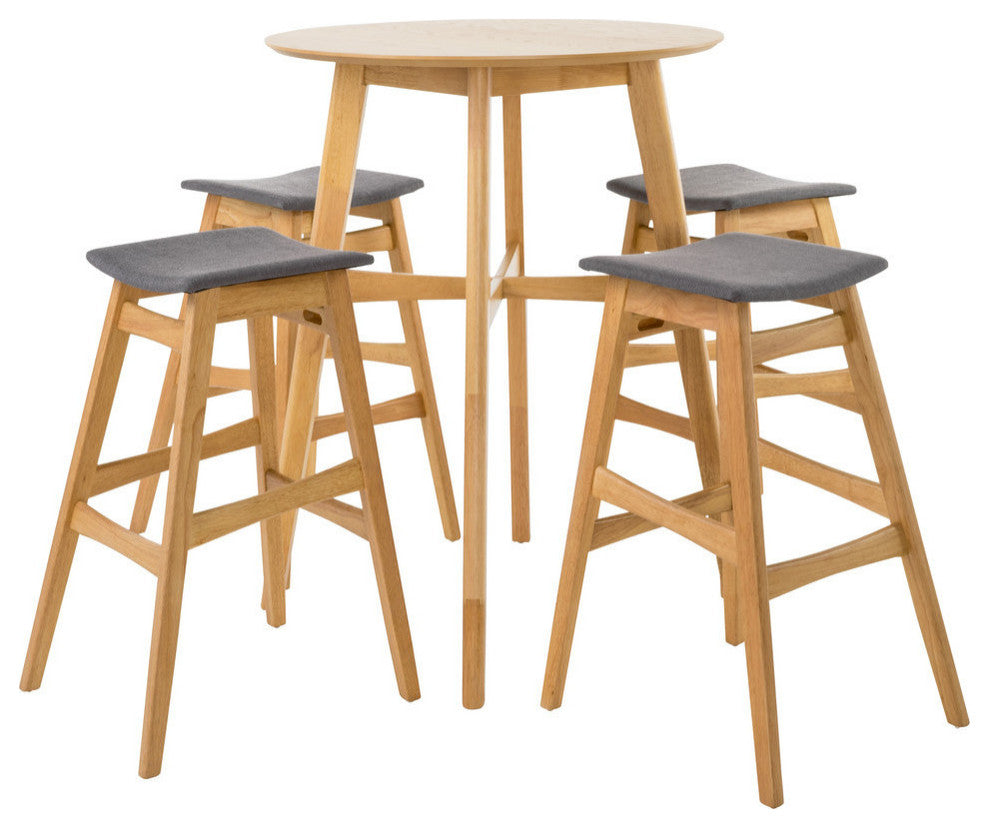 GDF Studio 5-Piece Simi Natural Oak Finish Circular Bar Height Dining Set, Dark Gray