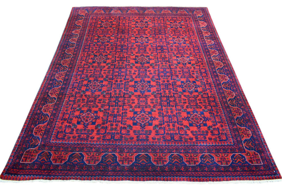 Deep and Saturated Red, Hand Knotted Afghan Khamyab Soft Wool Rug, 5'8"x7'5"