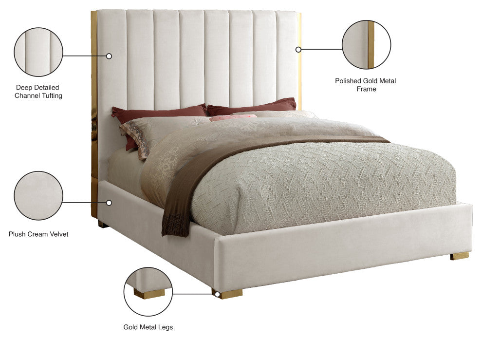 Becca Velvet Upholstered Bed, Cream, Queen