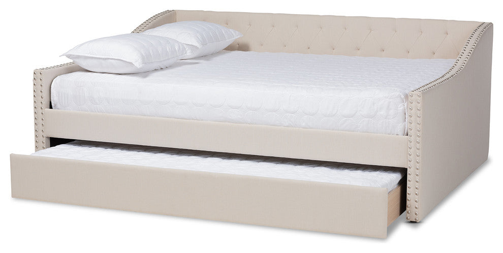 Norys Fabric Upholstered Size Daybed, Beige, Queen, Roll-Out Trundle