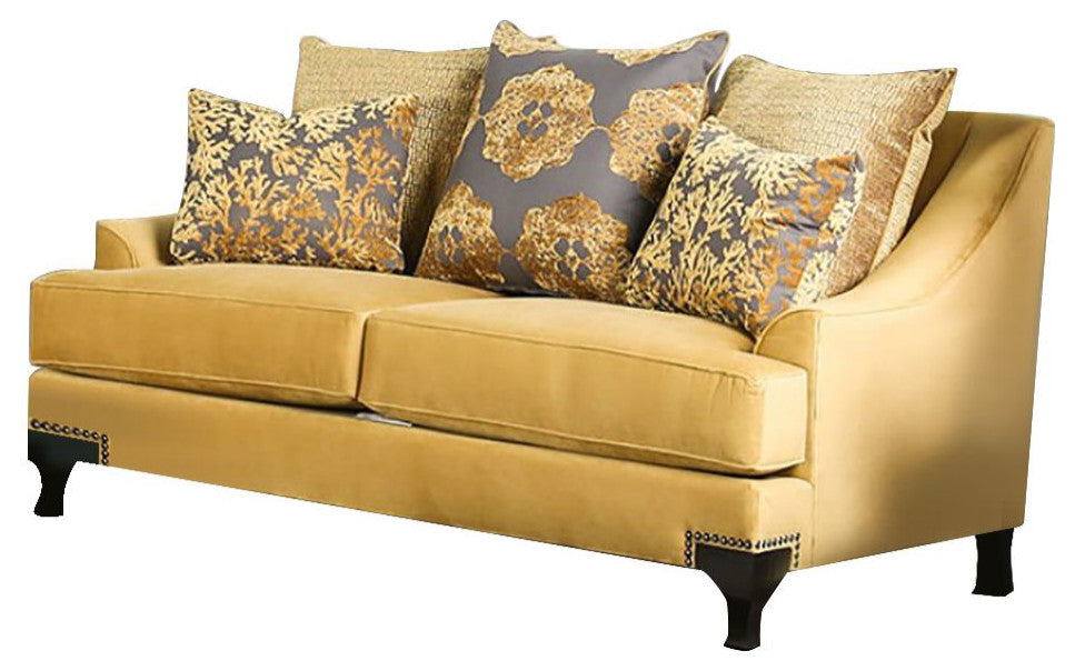 Velvet-like Fabric Love Seat with Sloped Arms Design, Gold