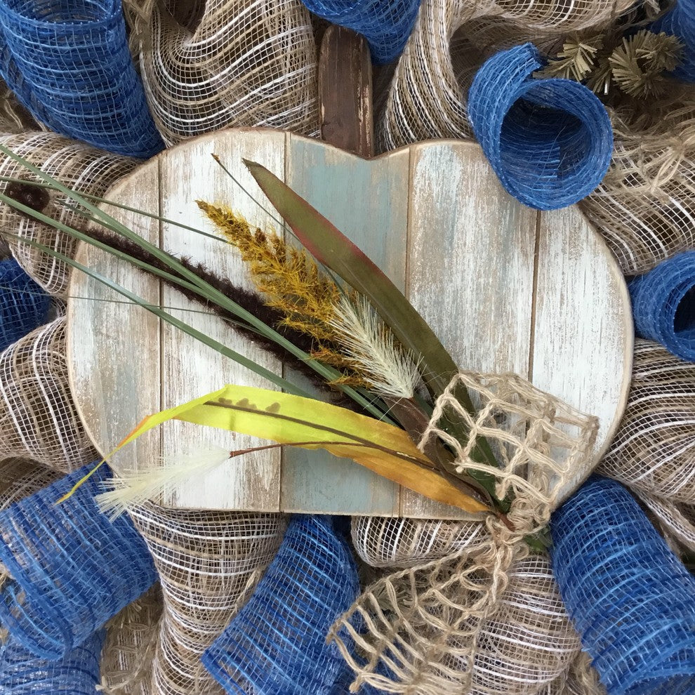 Coastal Autumn Deco Mesh Wreath With Slotted Wood Pumpkin