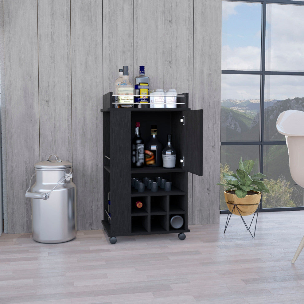 Farson Bar Cart with 6 Built-in Wine Racks, Cabinet, and Caster Wheels, Black