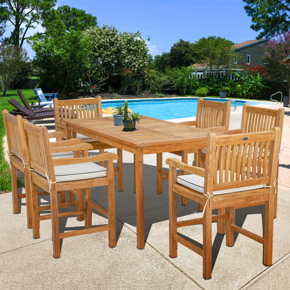 7 Piece Teak Elzas 71" Rect. Bistro Counter Set, 6 Counter Stools, Arms