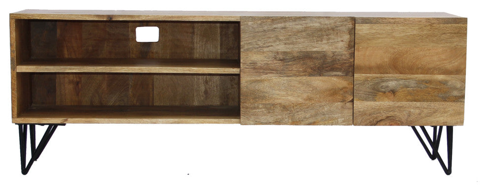 Industrial Style Mango Wood And Metal Tv Stand With Storage Cabinet, Brown