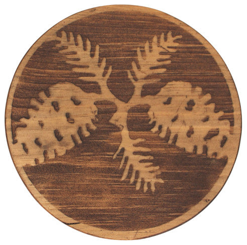 Burnt Sienna Iron and Stained Wood Round Drink Table With Pinecone