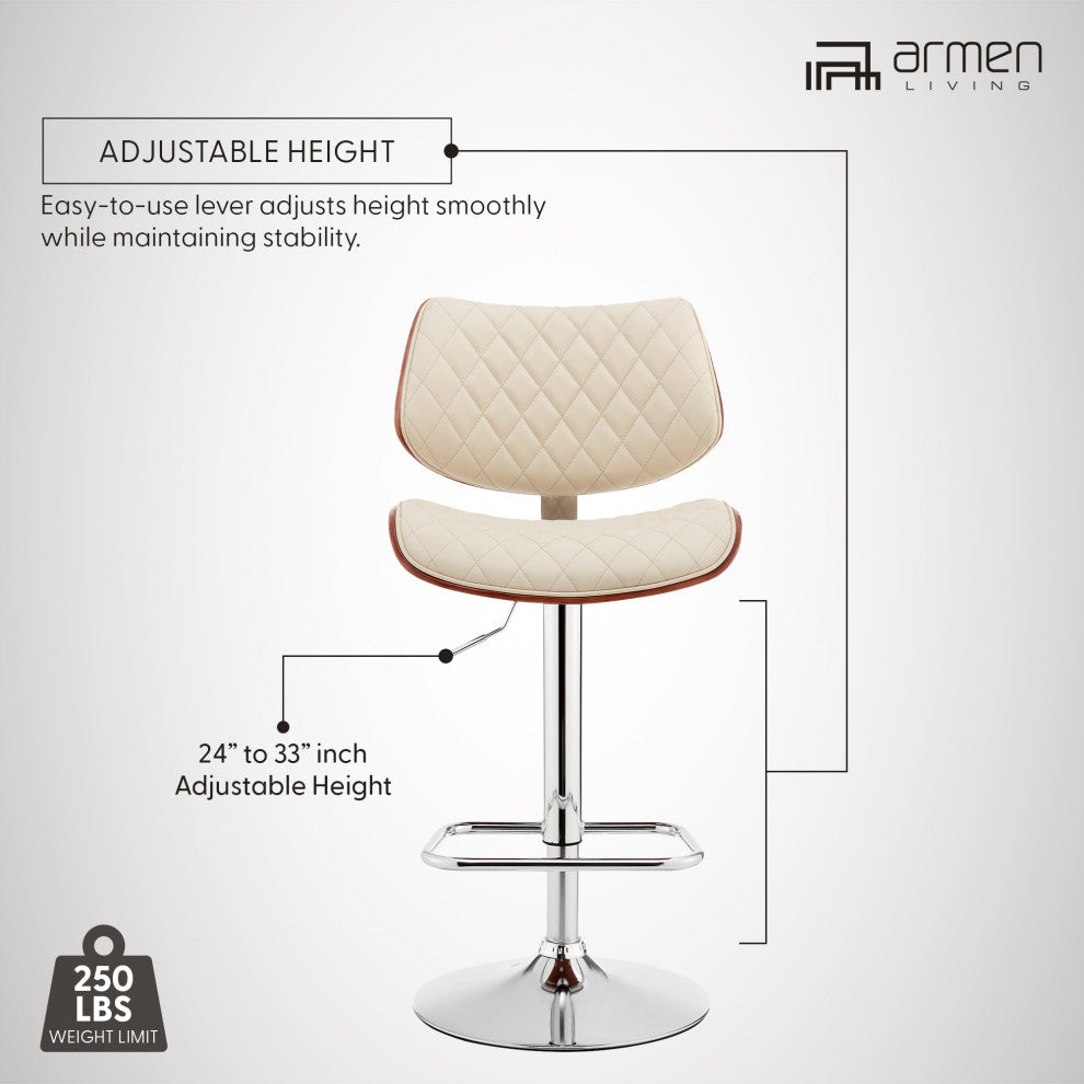 Leland Adjustable Faux Leather and Metal Bar Stool, Cream and Chrome