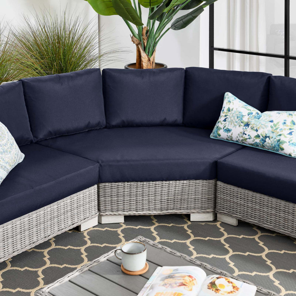 Lounge Sectional Sofa Chair Table Set, Rattan, Gray Blue Navy, Outdoor