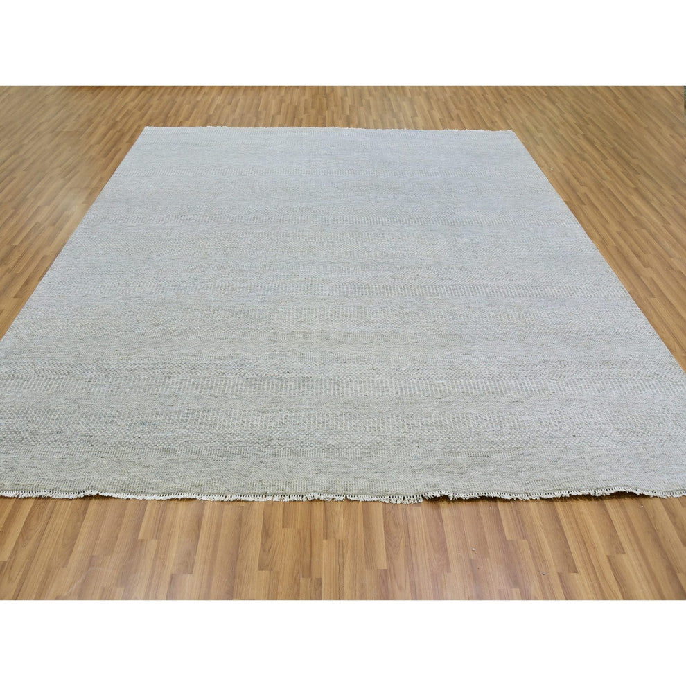 Gray Undyed 100% Wool Modern Grass Design Hand Knotted Square Rug, 9'11"x10'