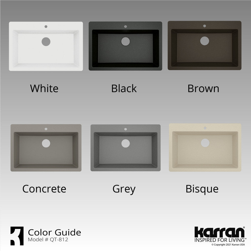 Karran QT-812 Top Mount 33" Large Single Bowl Quartz Sink Kit, Grey