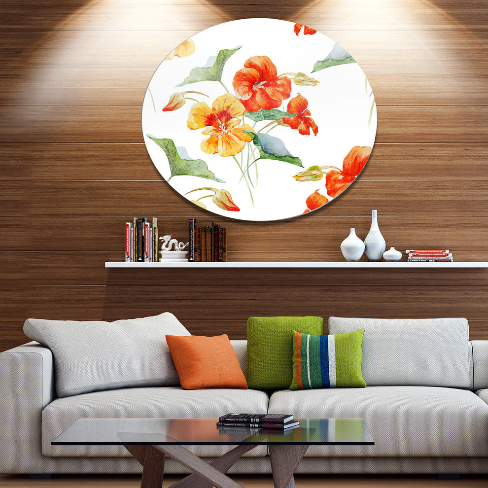 Watercolor Nasturtium Flower Pattern, Floral Disc Metal Artwork, 23"