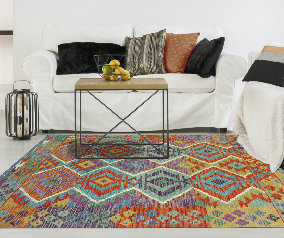 Flatweave Tawil Red/Light Green Rug, 4'10x6'2