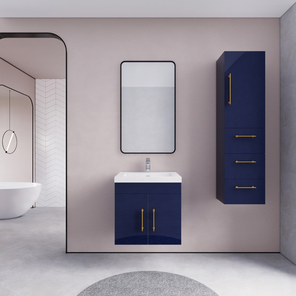 Rosa 24" WALL MOUNTED Modern Vanity, High Gloss Night Blue, Glossy White Top