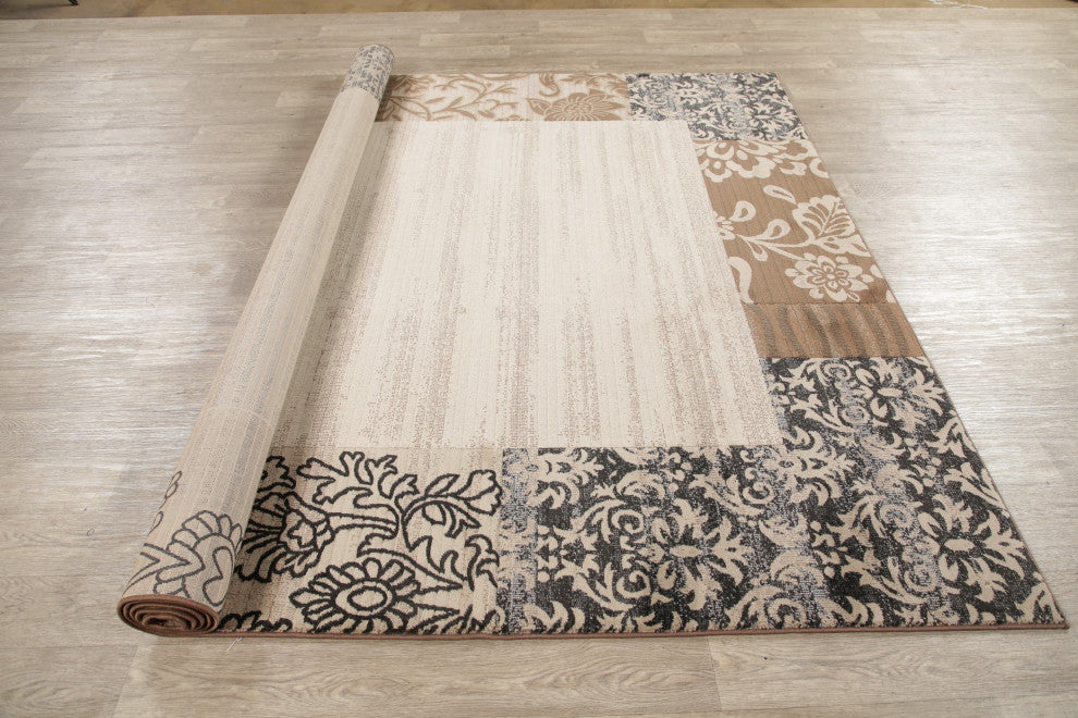 Modern Synthetic Pile Border Carpet Rustic Turkish Area Rug, Beige, 10'6"x7'10