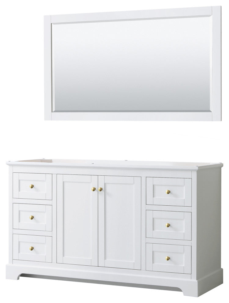 60" Single Bath Vanity, White, No Countertop, 58" Mirror, Gold Trim