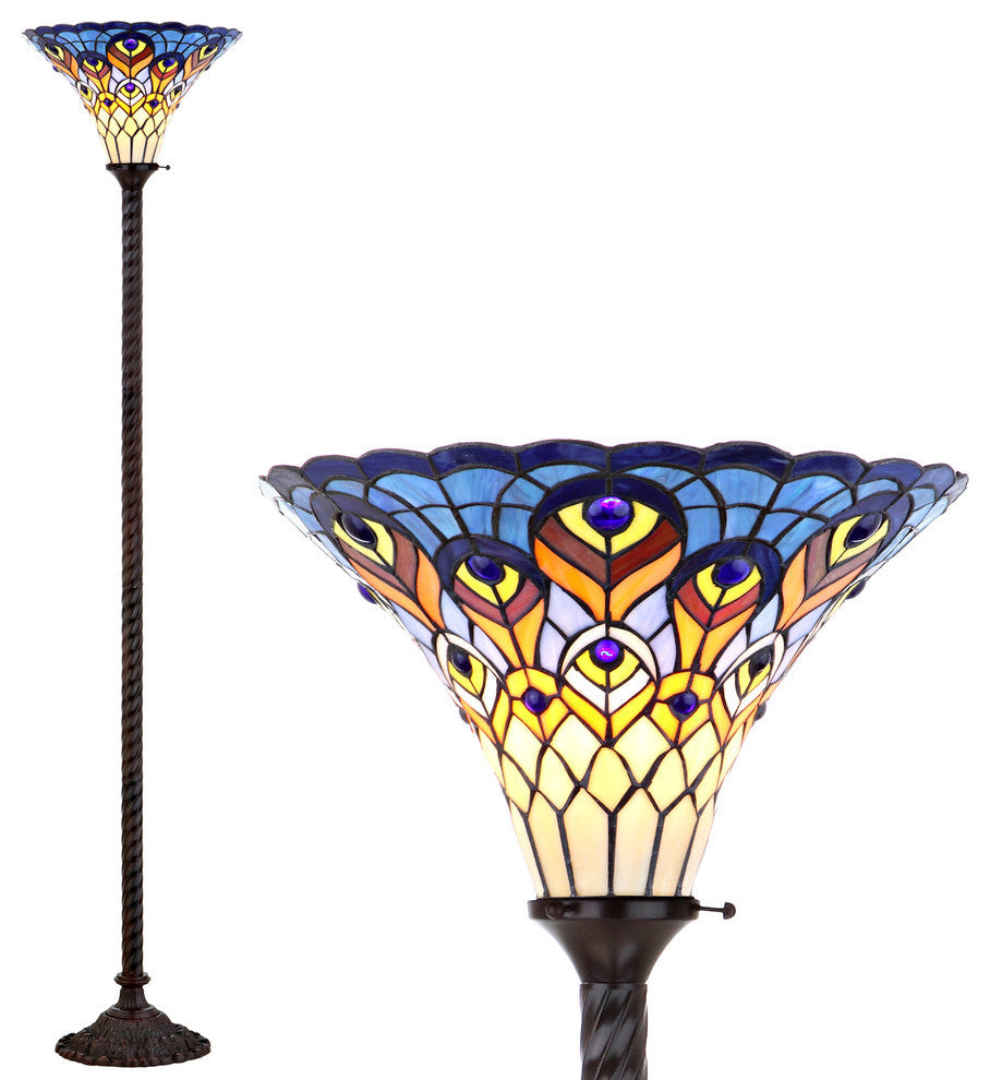 Peacock Tiffany-Style 70" Torchiere Floor Lamp, Bronze