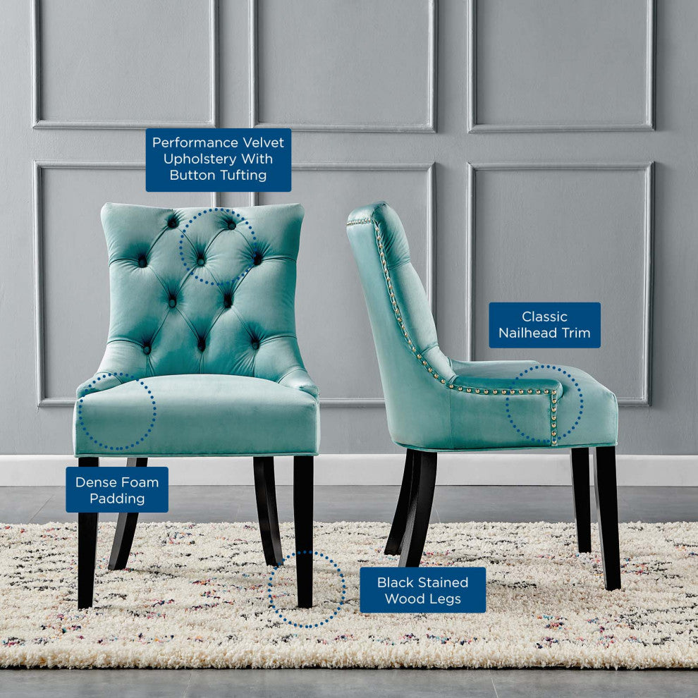 Tufted Side Dining Chair, Set of 2, Velvet, Wood, Blue, Cafe Bistro Restaurant