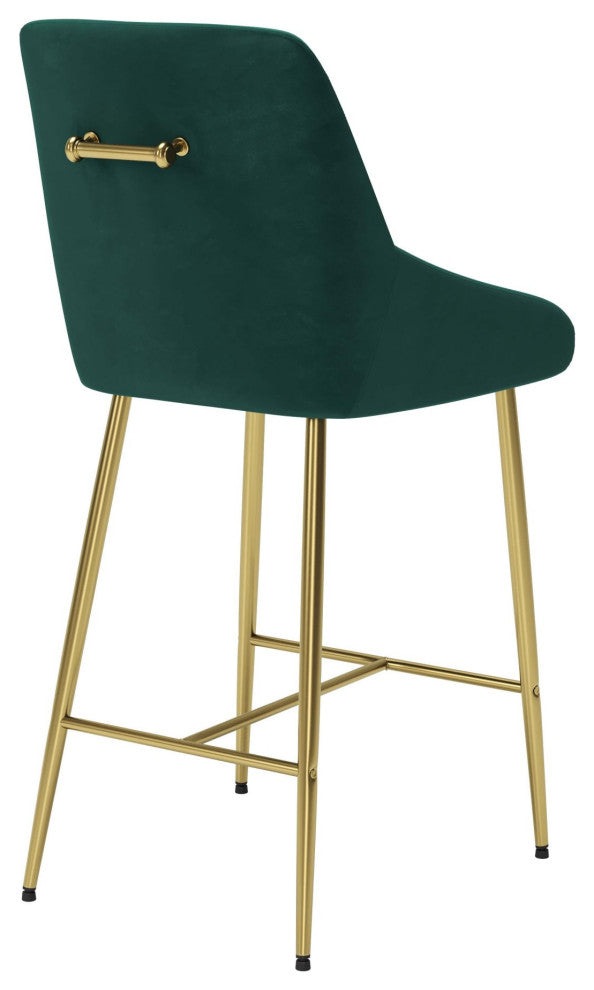 Counter Stool Chair, Steel Metal, Fabric, Green, Gold, Bar Kitchen Cafe Bistro