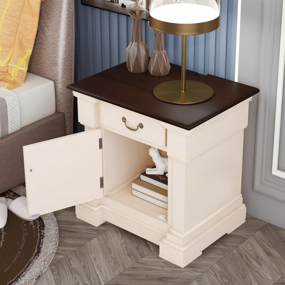 1 Drawer Wood Nightstand with USB Ports, Antique White
