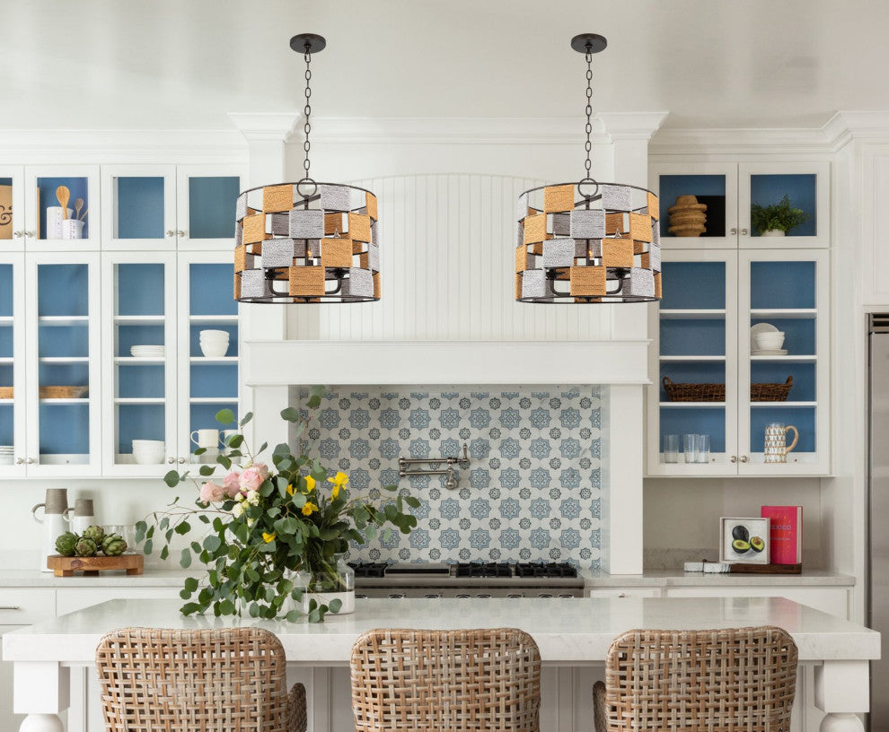 Kira Home Ramona 18" Rustic Chic Drum Pendant Light Chandelier, Open Frame