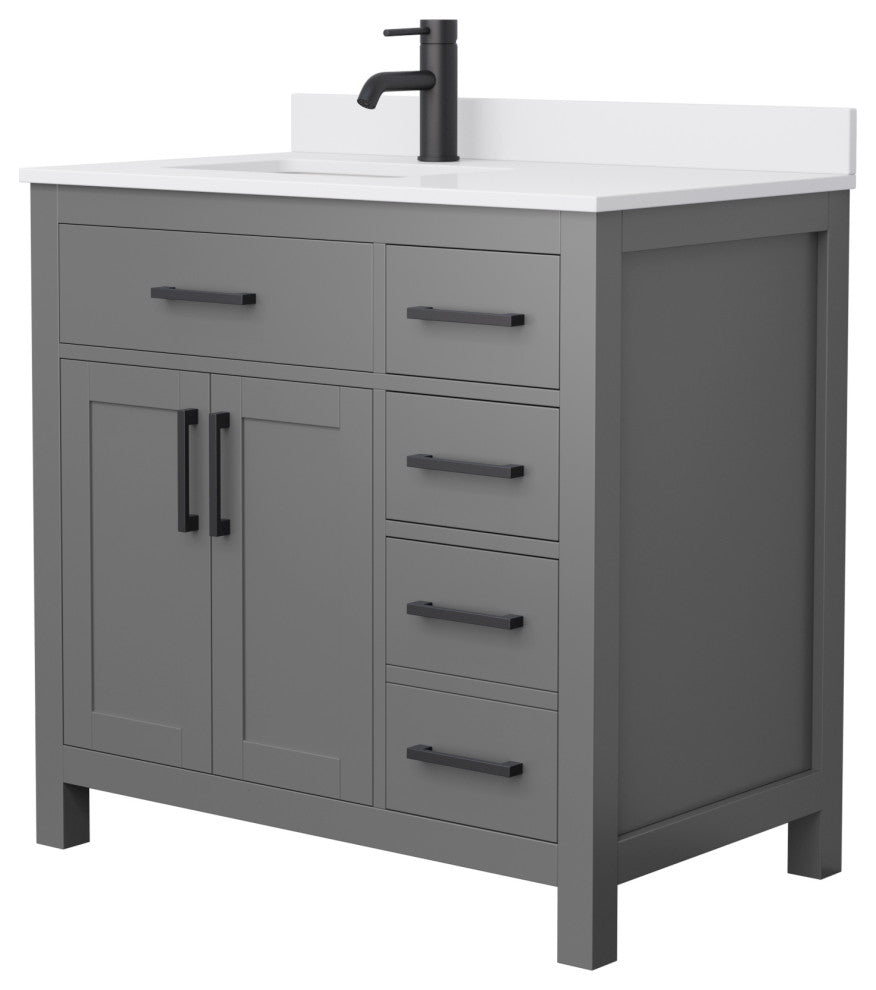36" Single Bath Vanity Dark Gray, White Cult.Marble Countertop, Sink, Black Trim