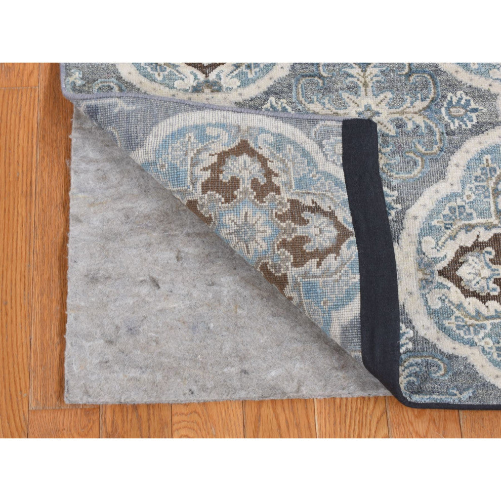 Gray Mughal Inspired Rosette Silk With Wool Hand Knotted Runner Rug 2'7"x9'10"