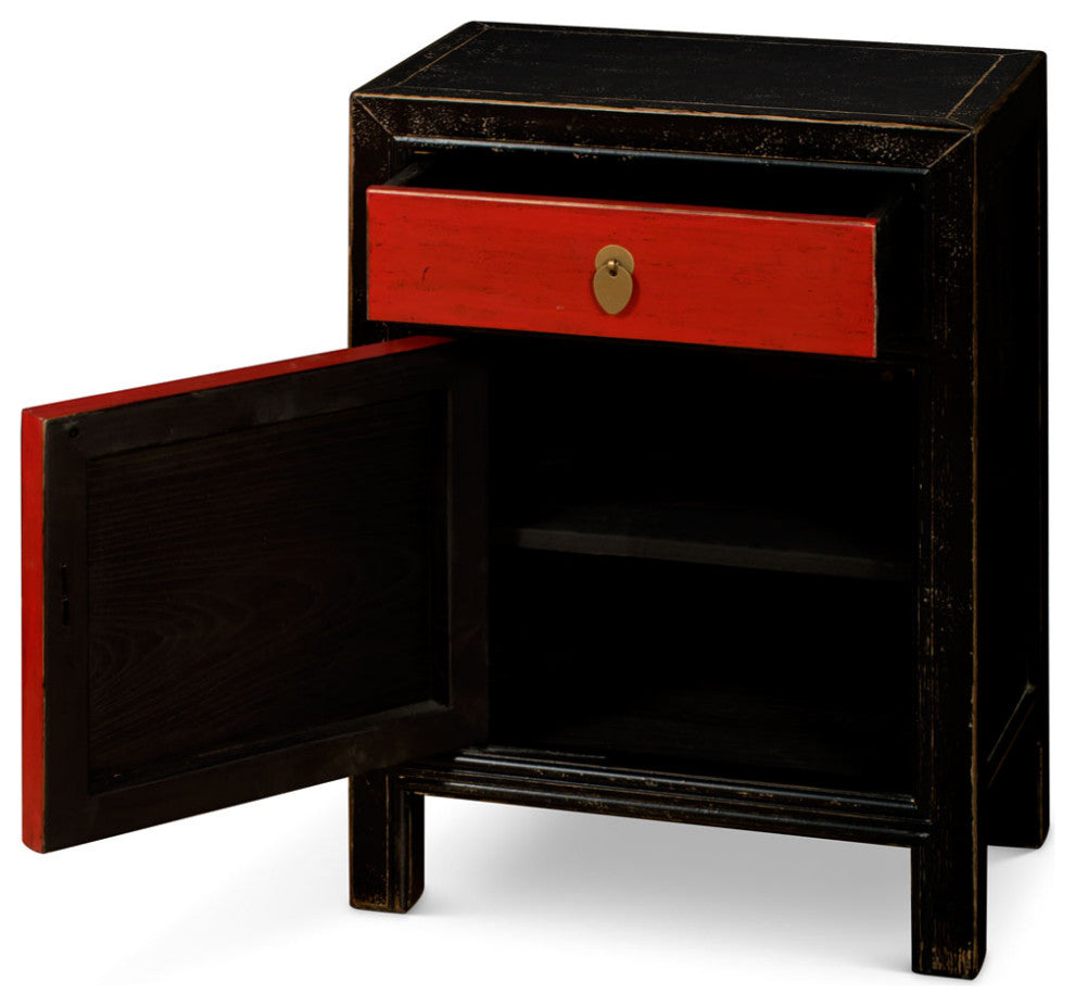 Distressed Black and Red Elmwood Petite Peking Asian Cabinet