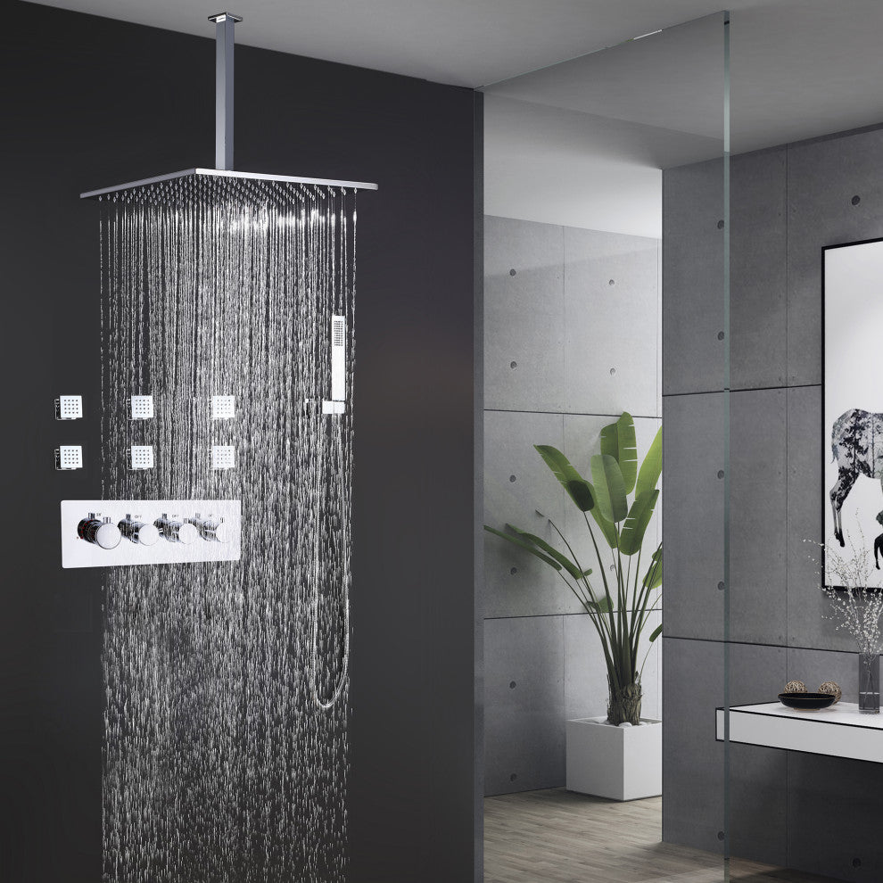Thermostatic Rain Shower System with Hand Shower & Body Jets-Chrome