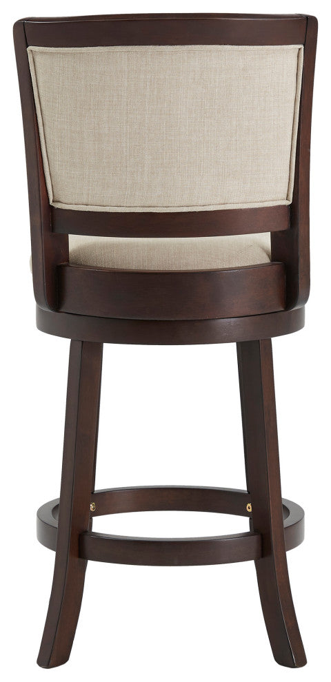Janczy Dark Cherry Finish Beige Linen Swivel Chair, Counter Height