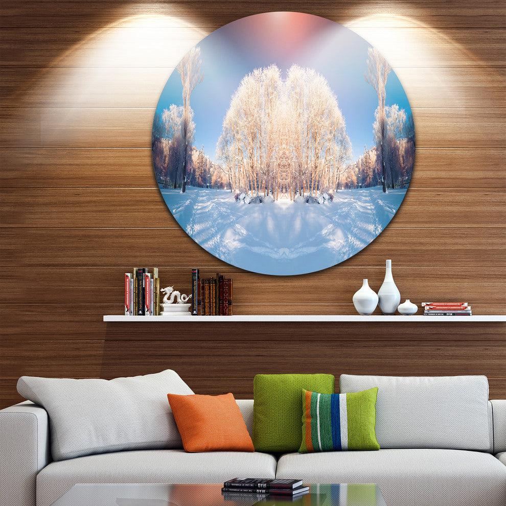 Horizontally Flipped Winter Trees, Seashore Round Metal Wall Art, 23"