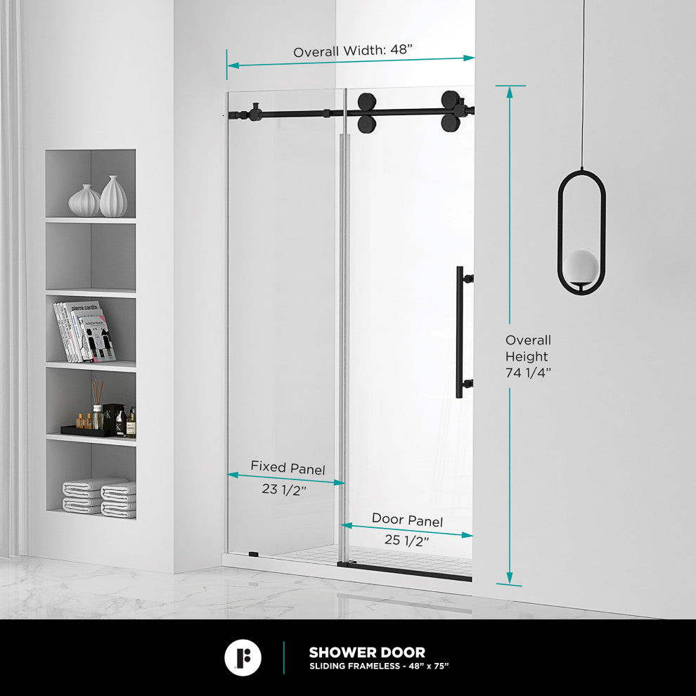 Frameless Clear Sliding Shower Door With Tempered Glass - Shower Bathroom Door, Black, 48" X 75", Single Sliding Door