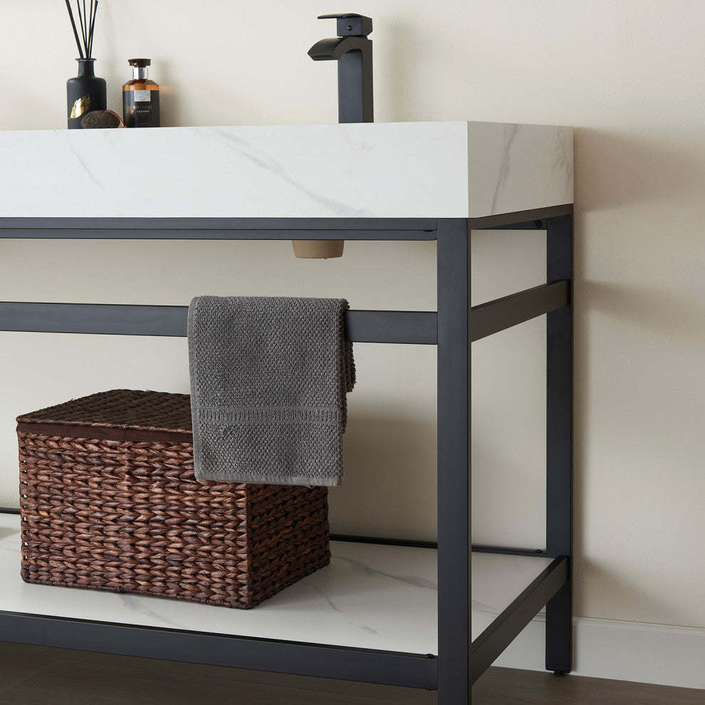 Funes Bath Vanity without Mirror, Matte Black Hardware, 60" Double Sink, White Stone Top