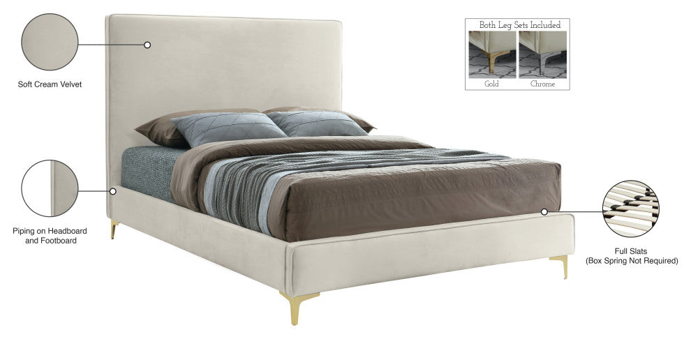 Geri Velvet Upholstered Bed, Cream, Queen