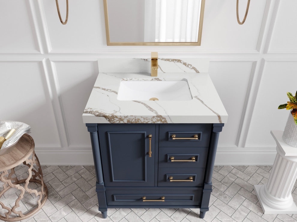 Aberdeen 30 Single Sink Bath Vanity in Hale Navy Blue  2" Calacatta Gold