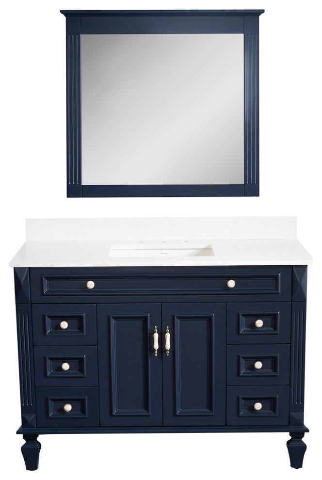 48 Inch Bathroom Vanity Set with 38 Inch Mirror, Quartz Top, cUPC Certified Sink, Navy Blue