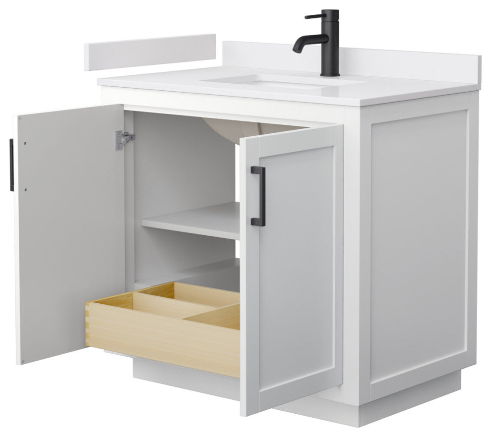 36" Single Bath Vanity, White, White Cult. Marble Countertop, Sink, Black Trim