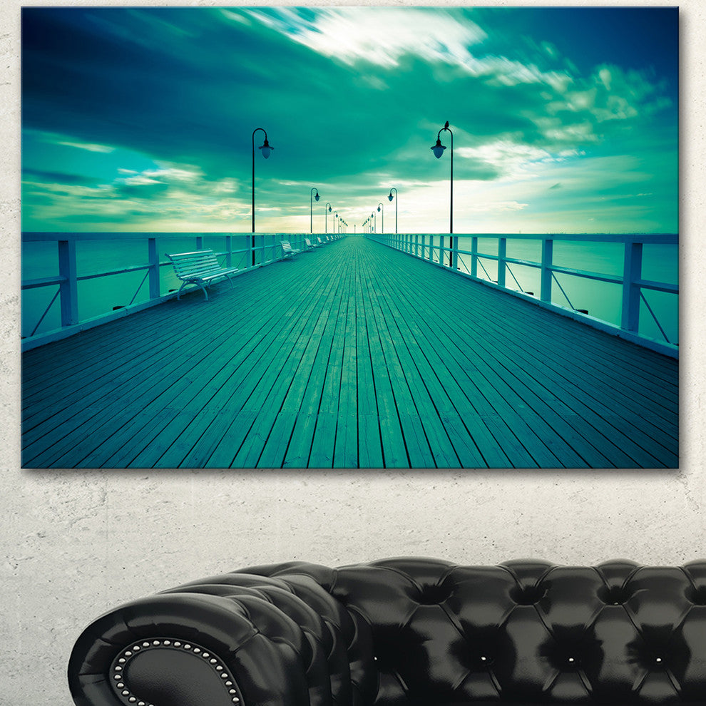 Blue Seascape With Wooden Pier, Bridge Canvas Art Print, 60"x28"