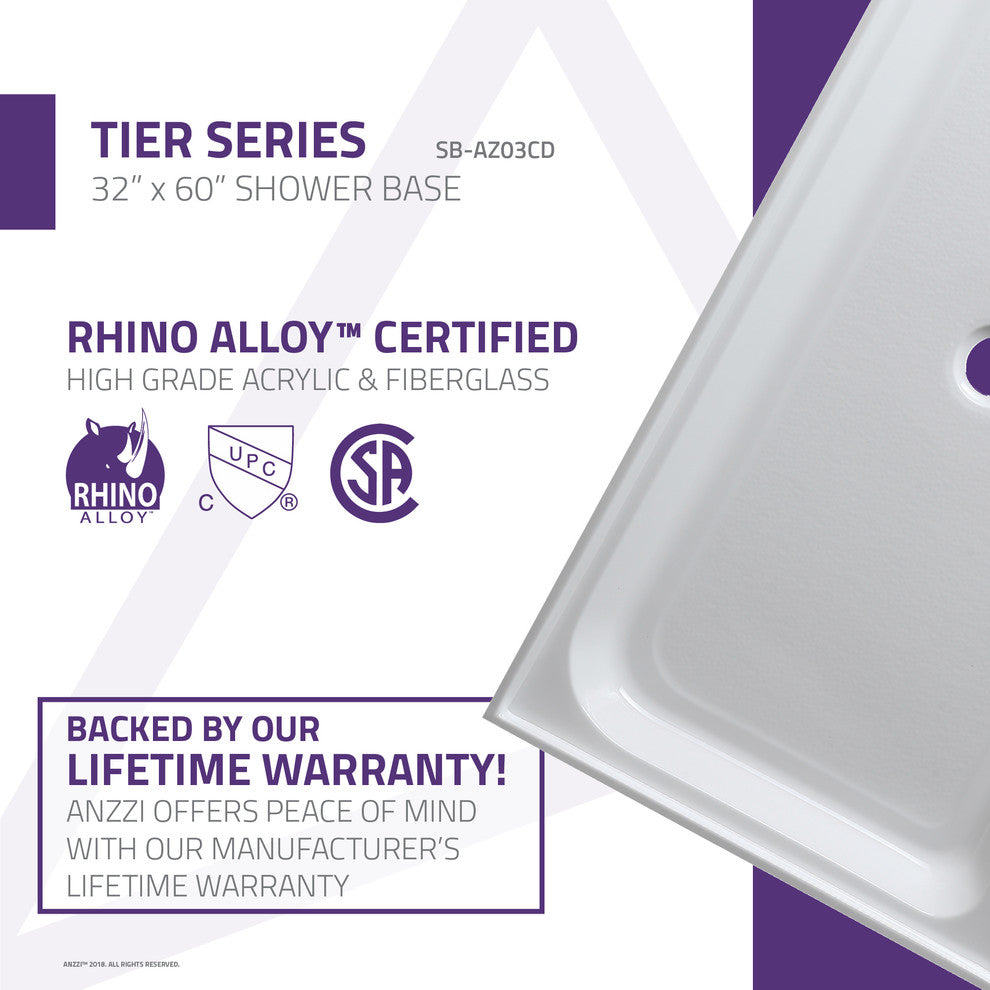 ANZZI Tier 32"x60" Center Drain Single Threshold Shower Base, White, 32"x60", Center Drain