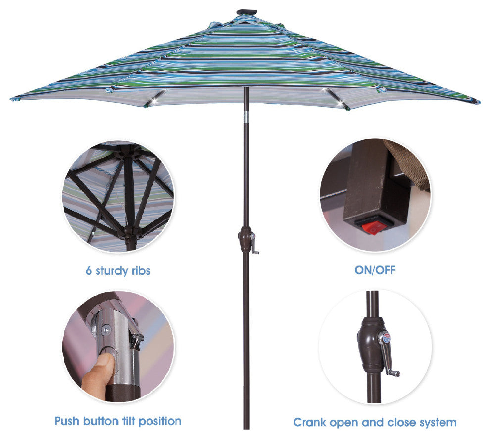 9' Outdoor Patio Steel Market Umbrella With 24 LED Lights, Blue Striped