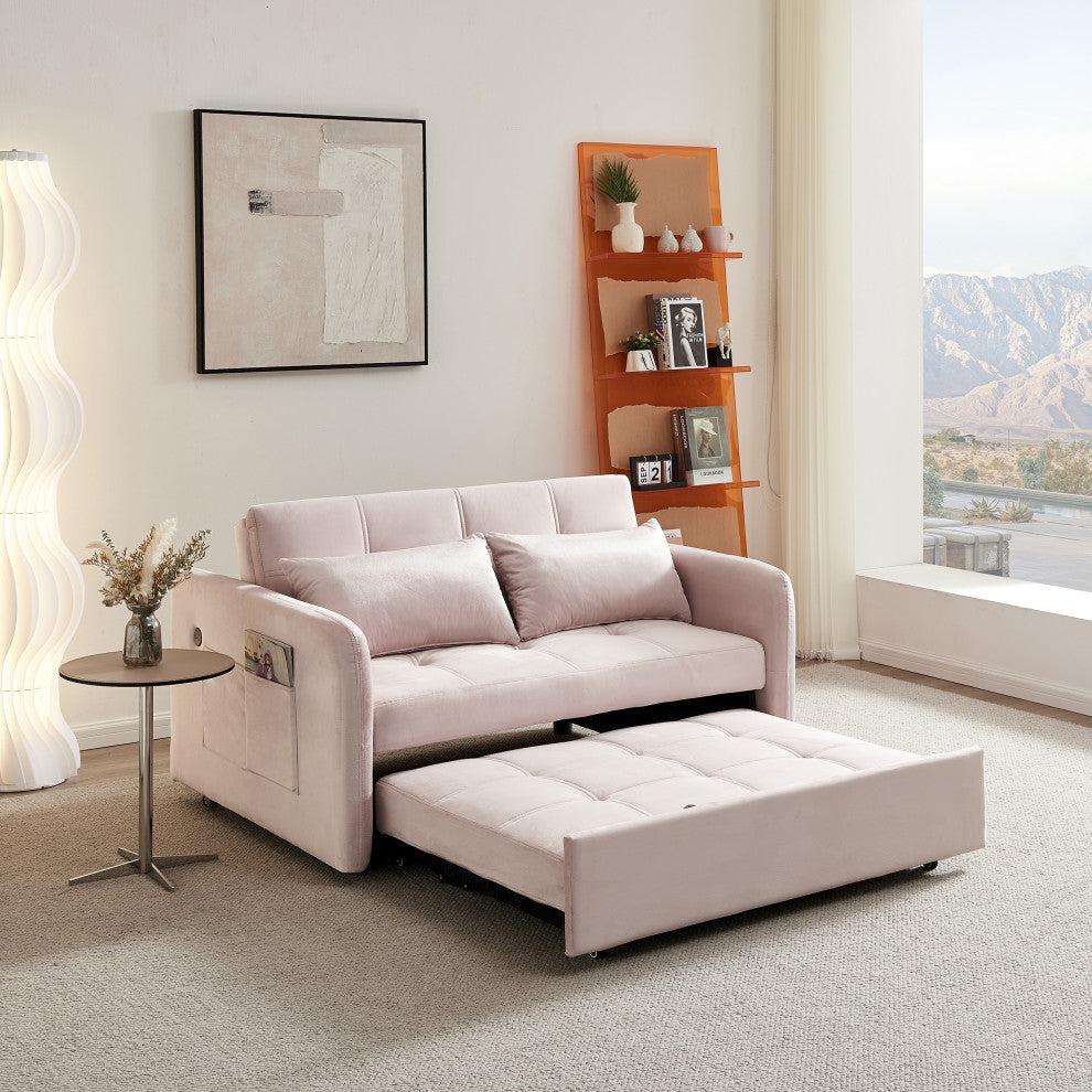 TATEUS 55.5" Twins Pull Out Sofa Bed Velvet for Small Room Pink