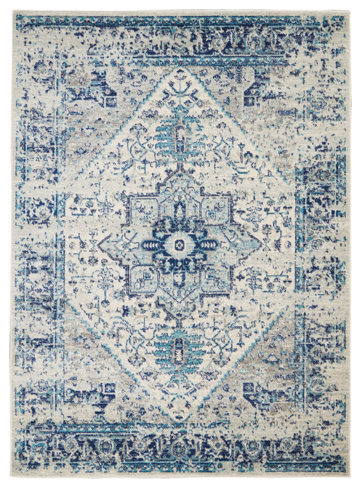 Vintage Area Rug, Classic Medallion Pattern, Ivory/Light Blue, 8'10" X 11'10"